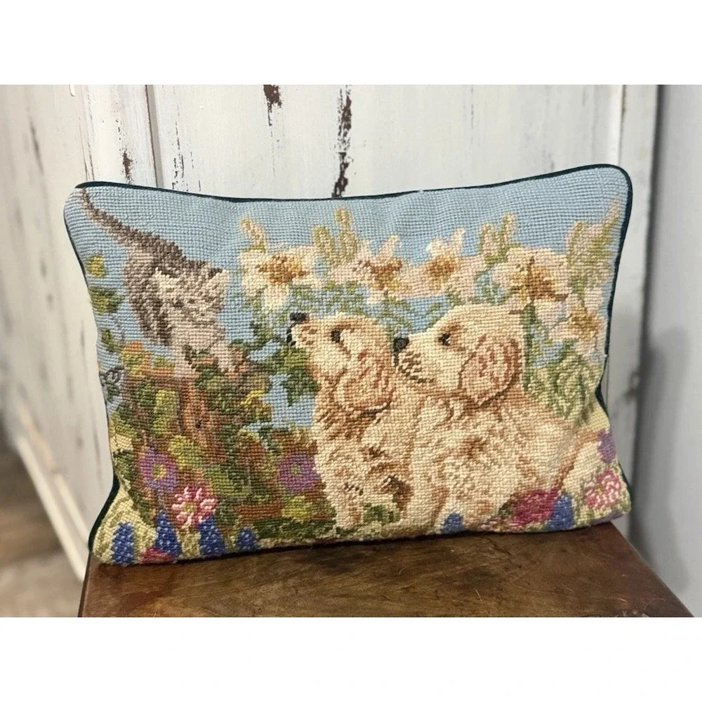 VTG Needlepoint Throw Pillow Golden Retriever Puppies Cat Floral Velvet Back